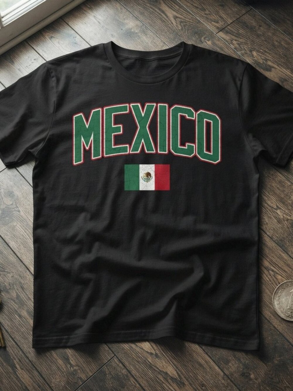 Mexico Flag Graphic Vintage Style Black T-Shirt